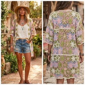 Crochet Floral Cover-Up Kimono - Pastel Pink, Green & Cream